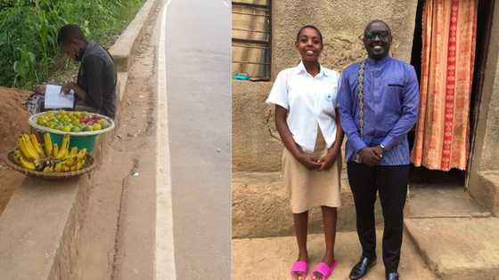 Photo shows moment SS3 student tries to do homework while hawking banana & other fruits, many want to help her