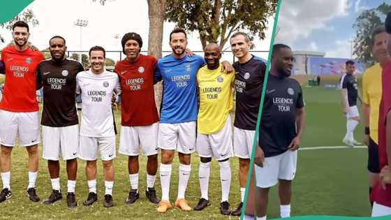 "See Icons": JJ Okocha and his mentee Ronaldinho meet at the PSG Legends Tour game, clip goes viral