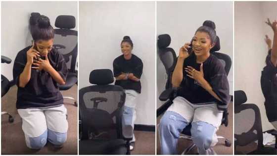 BBNaija Liquorose goes on knees, screams in joy and blushes after receiving call from Senator Ita-Giwa in clip