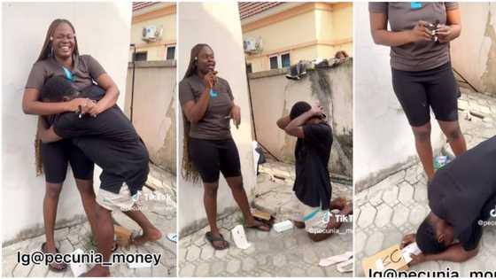 Weeks after He Gave Her His Salary, Nigerian Lady Surprises Security Man with Dollars, iPhone in Cute video