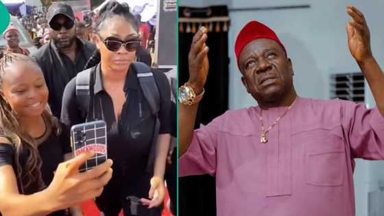 Angela Okorie’s outfit to Mr Ibu’s funeral leaves netizens talking: "Wetin she carry for back?"