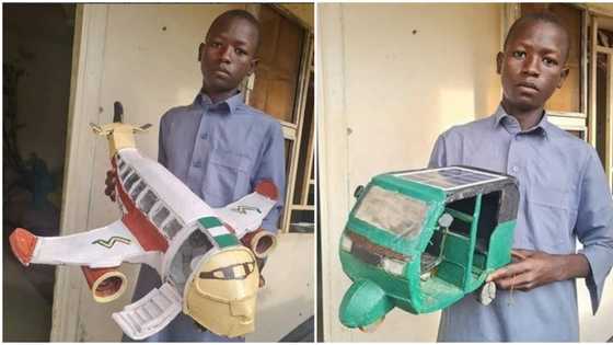 Sadiq Mala: Cute photos show 15-year-old kid from IDP camp who builds aeroplane, Keke, car replicas