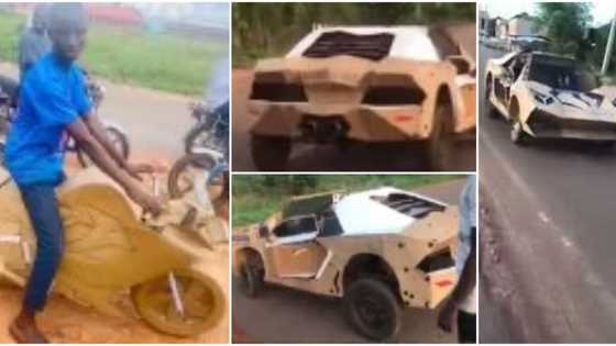 Talented Nigerian boy builds sports car from scratch using cartons, drives it on tarred road in Edo in video