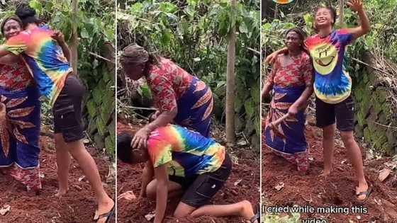 "I must put a smile on your face": Daughter sees mum working at the farm, kneels and begs for Her blessings in video