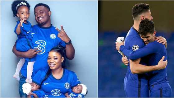 Nigerian man shows off his lovely family in Chelsea jersey including his newly born twin daughters