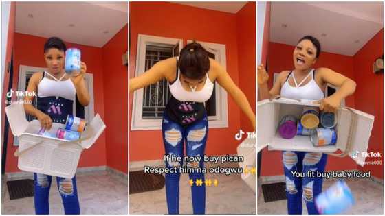 "I bought N14k yesterday": Woman packs out all tins of baby food kid ate, praises her husband