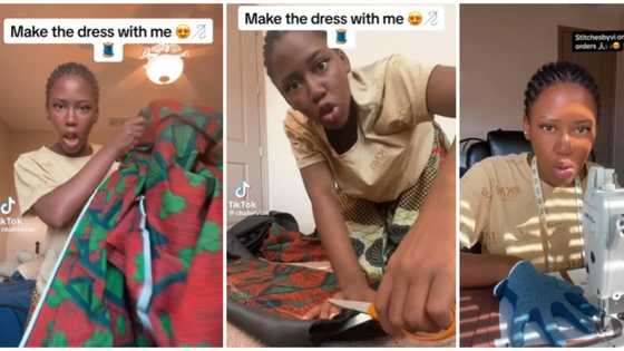 Talented lady shows off impressive tailoring skills as she designs stylish ankara dress