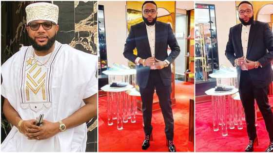 Wetin dey occur? Confusion as billionaire E-money rocks suit and high-heel shoes, poses like a 'gentlelady'