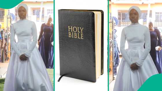 Beautiful bride choses to walk down the aisle with copy of Holy Bible instead of bouquet