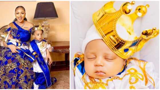 African royal glamour: Regina Daniels celebrates son as he clocks 2 months with new photos