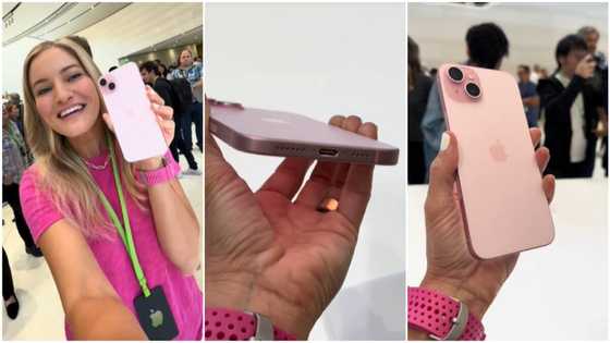 Apple Event: Lady handles new iPhone 15 pink version, operates it, excited about USB-C