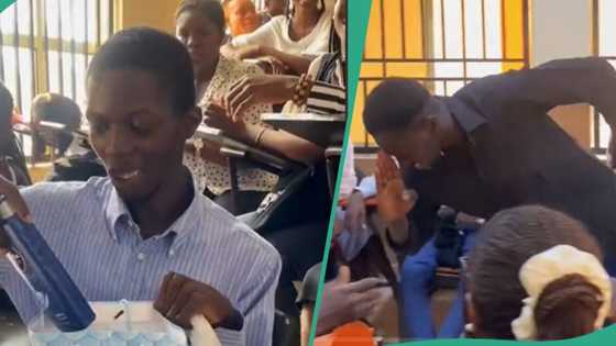 Nigerian students walk up to each other and hand gifts, emotional reaction from all of them