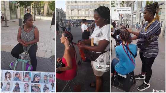 Beautiful lady works as professional hairdresser abroad, plaits oyinbo's hair into braids in video