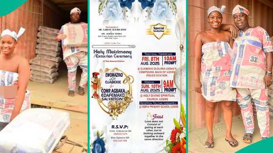 Businessman wears Dangote cement sacks with his fiancée for their pre-wedding shoot, shares why