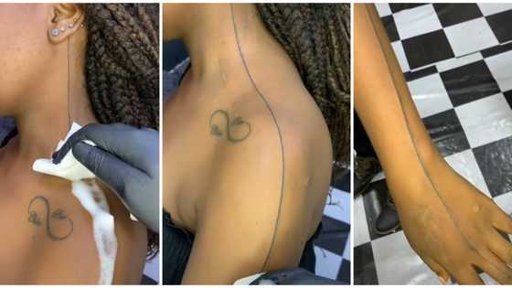 "People are going through a lot": Reactions as lady draws straight line tattoo from ear to finger