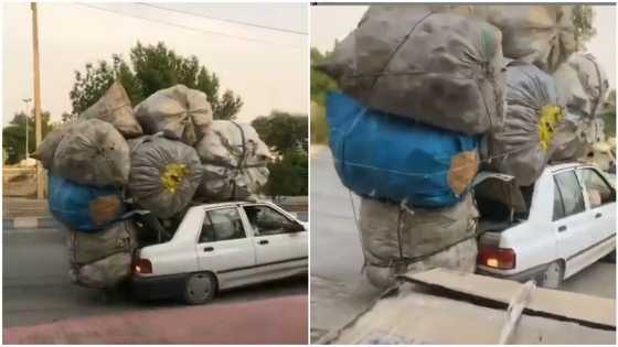How dem load this car? Reactions as video of small vehicle overloaded like trailer goes viral