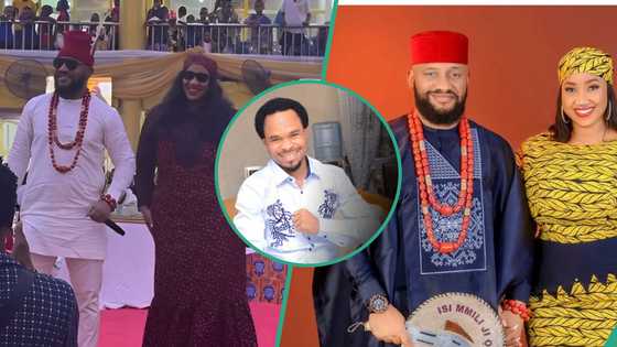 Yul Edochie and Judy storm Prophet Odumeje’s church, video of them on the pulpit causes stir