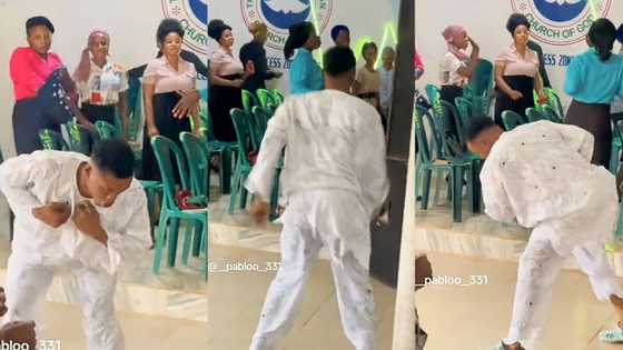"Mara dey body": Young man mistakenly dances trending leg dance moves in church, video brings smile to faces