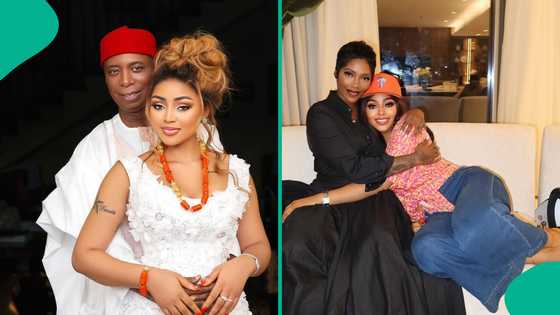 Regina Daniels ignores Ned Nwoko's substance abuse, visits Tiwa Savage, shares cryptic caption