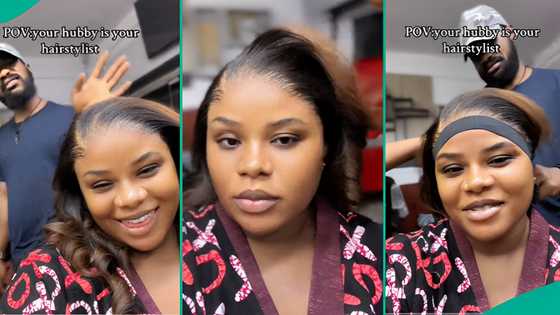 Lady shares video of her husband styling her hair, netizens hail his hairstyling skills