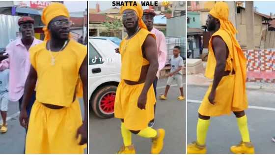 Ras Nene: Ghanaian comedian walks confidently in yellow outfit in video, gets many laughing