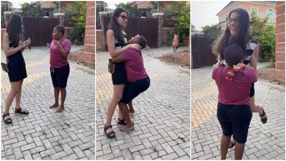 Video captures moment oyinbo lady living in Nigeria paid her maid's kid's school fees, she jumps up in joy