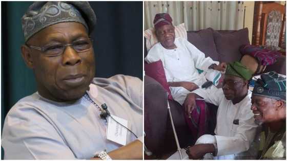 See how Obasanjo sat on the floor to honour this elder statesman in Akure, his photo goes viral