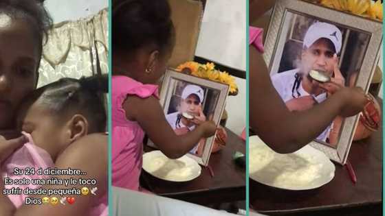 "Too painful": Grieving little girl feeds late father's portrait at home as mum watches in video