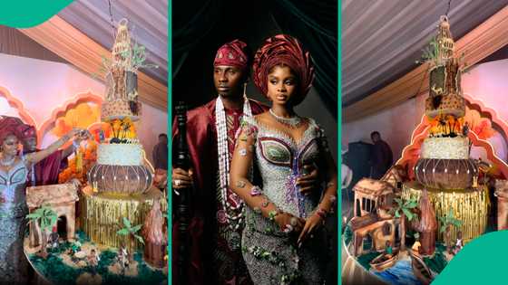 JP25: Priscy and Juma Jux’s massive traditional wedding cake triggers reactions, “Who designed it?"