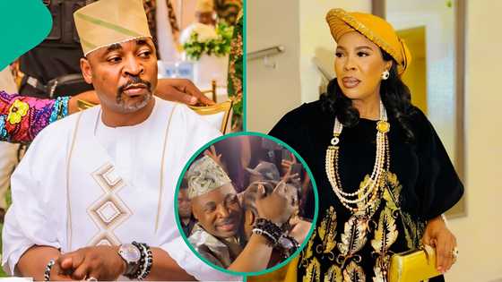 Video of MC Oluomo hugging Faithia Balogun's son stirs concern: "Why rub his head like dat?"