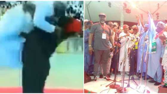 Incredible video reveals Dino Melaye lifting Tambuwal off the ground after he stepped down for Atiku