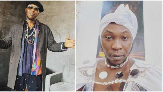 "Aunty big bird": Seun Kuti stirs reactions as he ties headgear, dresses like a woman for birthday shoot