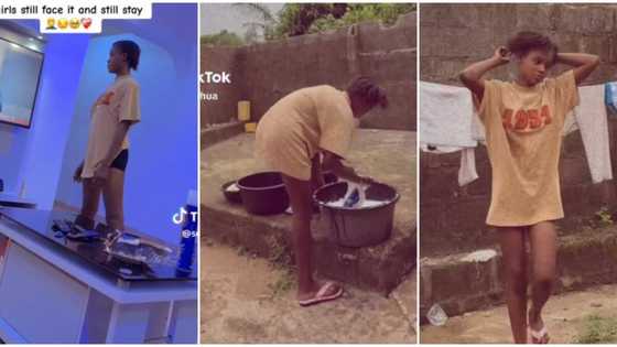 "Why are you putting her through pain?" Nigerians react as man flaunts his humble girlfriend washing clothes