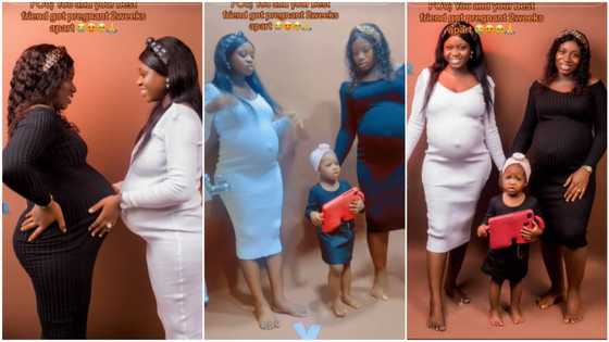 Lady and friend get pregnant, wear cute gowns, show off their baby bumps during photoshoot