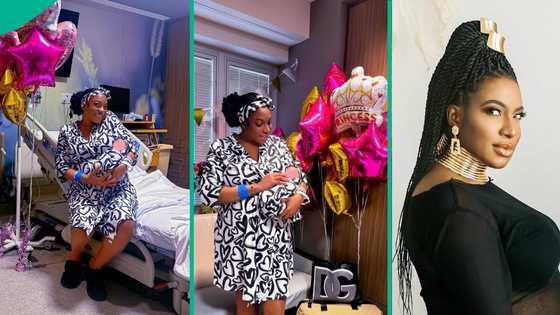 Actress Chika Ike welcomes baby girl, Ini Edo, Rita Dominic rejoice: "Why you cover her face?"