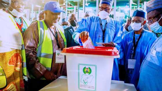 National convention: Buhari arrives Eagles Square as Adamu, NWC members take oath of office