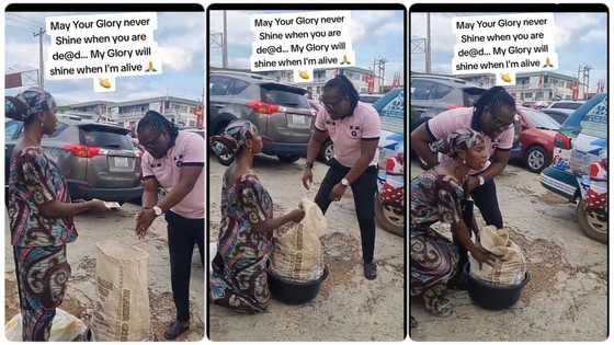 Young man approaches female cornseller and shows kindness towards her by giving her cash in video