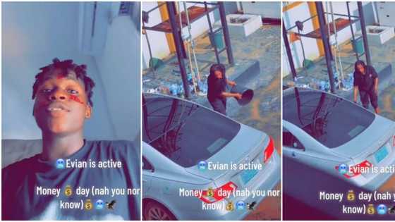 "That girl na just mumu": Young man videos lady washing his car as he and his friends laugh at her