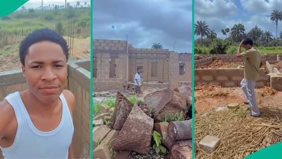 Young man starts his building project, celebrates before roofing, Nigerians react