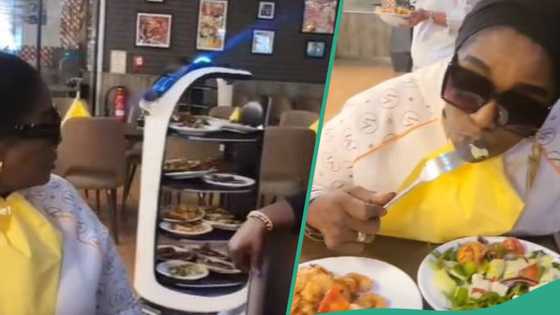 Actress Rita Edochie reacts in shock as robot delivers food in restaurant: "Come carry your mama o"