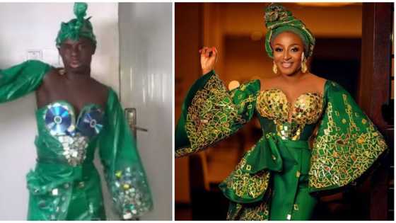 Funny Toheeb cracks fans up as he shares hilarious version of Ini Edo's green asoebi look