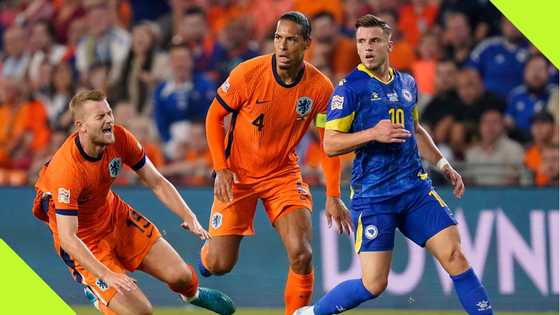 Virgil van Dijk reacts to Matthijs de Ligt's mistake against Germany