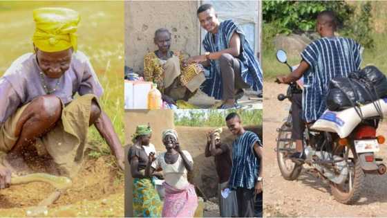 Young man shows love to blind old woman, uses his motorcycle to take free food to her