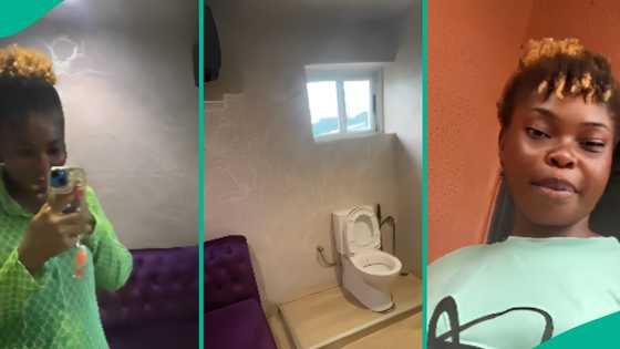 Lady confused after finding long sofa in Abuja restaurant's toilet, shares video online