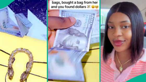 Lady excitedly displays dollars she found in bag she bought from thrift vendor, Nigerians amazed
