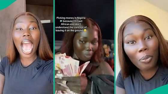 East African lady who visited Nigeria picks money from floor happily at event, video trends