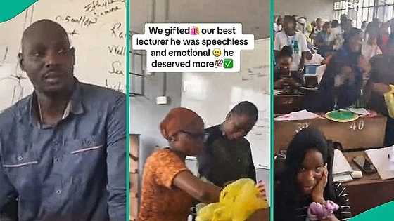 Nigerian lecturer struggles to hold back tears as students suddenly bring gifts before him in video