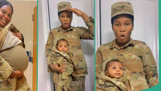 Cute video as beautiful female soldier gives birth, wraps her baby in military camouflage