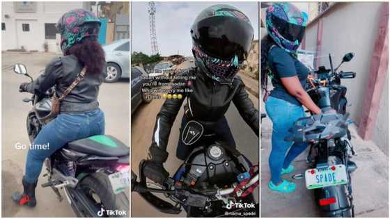 Beautiful lady rides bike in Ibadan, shouts on the road in funny video, Nigerians react