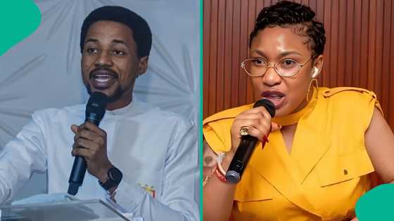 Tonto Dikeh reacts as Apostle Pamilerin Adegoke bows after being accused by multiple women